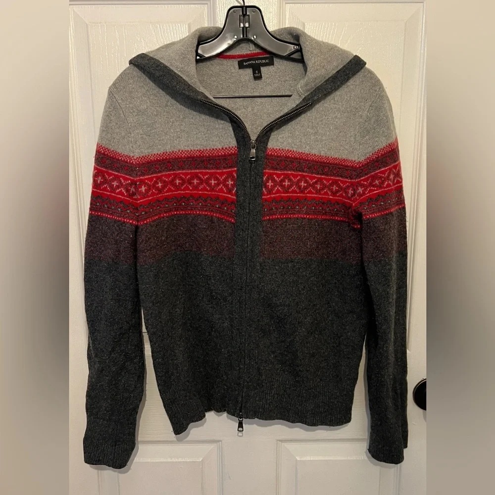 BANANA REPUBLIC Mens Extra Fine Merino Wool Blend Alpine Hooded Full Zip Sweater